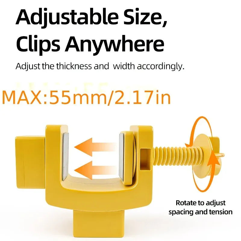 Yellow adjustable clamp-style accessory with text reading 'Adjustable Size, Clips Anywhere,' showing arrows for width adjustment and a threaded screw with a rotation icon for spacing and tension.