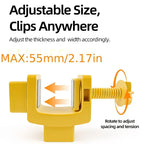 Yellow adjustable clamp-style accessory with text reading 'Adjustable Size, Clips Anywhere,' showing arrows for width adjustment and a threaded screw with a rotation icon for spacing and tension.
