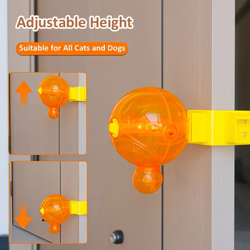 An adjustable plastic door safety gate in bright orange and yellow, shown mounted on a door with text reading 'Adjustable Height' and 'Suitable for All Cats and Dogs.' Two inset diagrams on the left show height adjustment arro