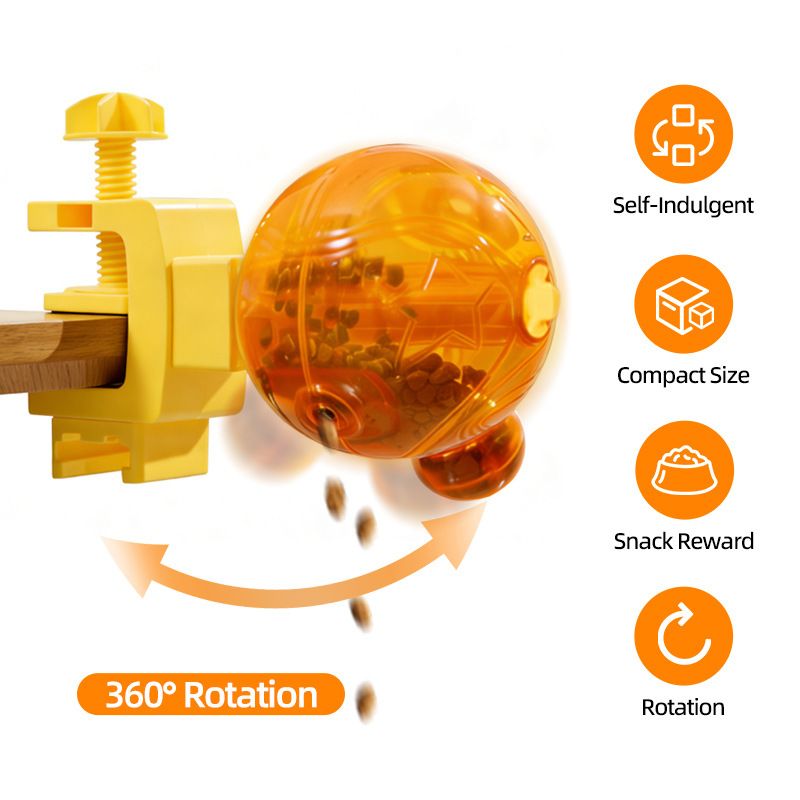 An orange translucent ball toy with a yellow plastic mount and wooden dowel, shown on a white background with feature callouts including 'Self-Indulgent,' 'Compact Size,' 'Snack Reward,' '360° Rotation,' and 'Rotation.'.