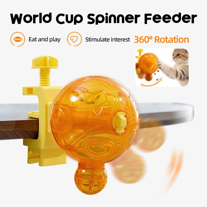 Cat toy with 360-degree rotation featuring a cat interacting with it on a white background.