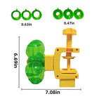 Yellow and green mechanical device with measurements on a white background