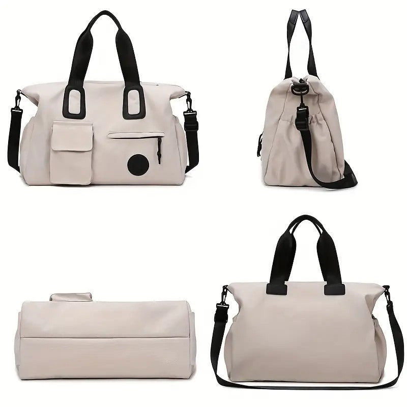 Set of beige bags with black straps on a white background

Details