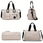 Set of beige bags with black straps on a white background

Details