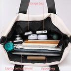 White tote bag with compartments labeled, containing electronic devices and books.