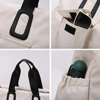 Collage of a beige bag with black straps and a pocket on a white background