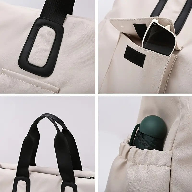 Collage of a beige bag with black straps and a pocket on a white background