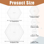 Hexagonal product cutouts with measurements on a grid background