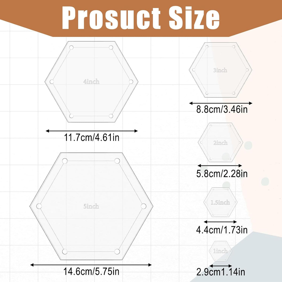 Hexagonal product cutouts with measurements on a grid background