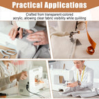 Collage of images showing a sewing machine in use with text about transparent acrylic.