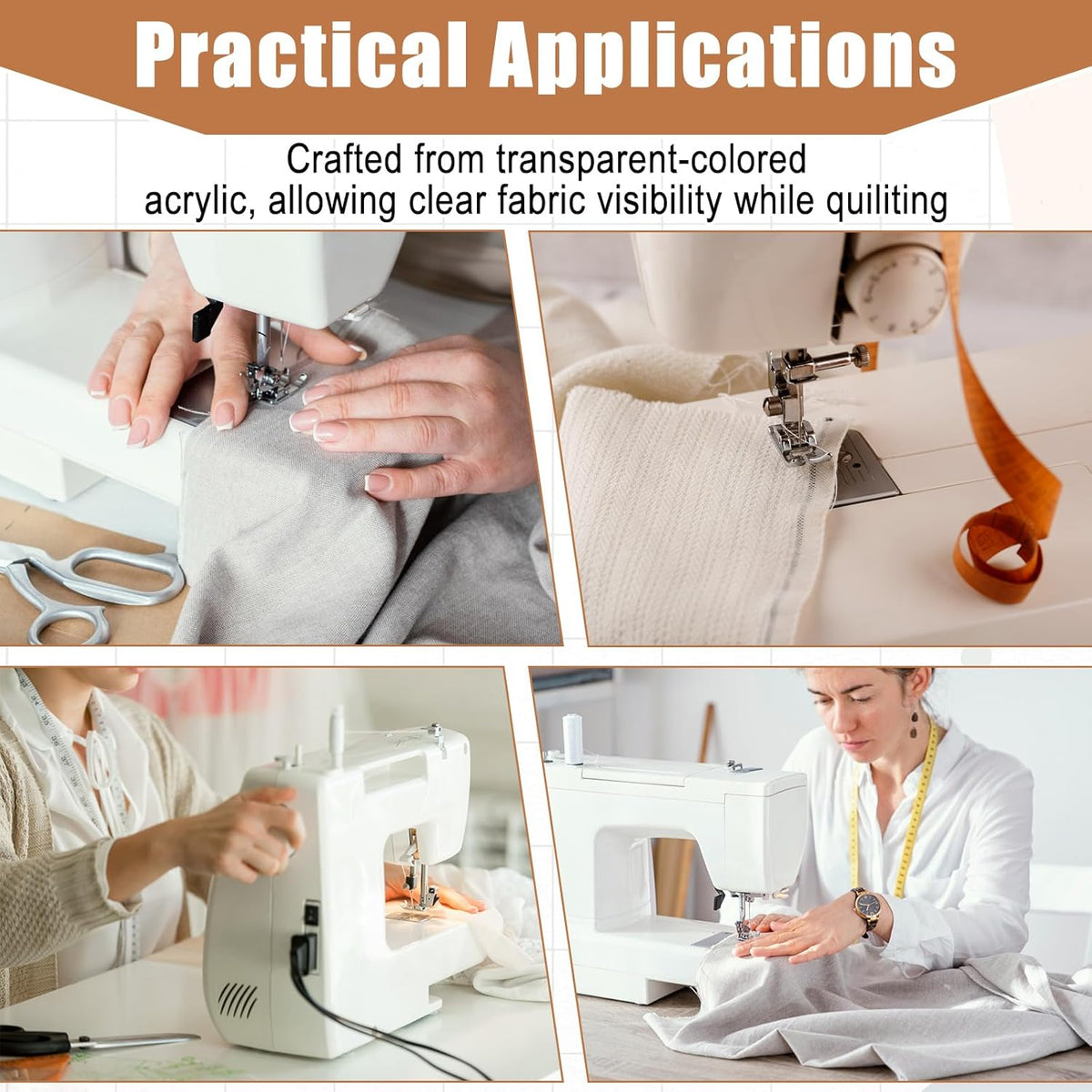 Collage of images showing a sewing machine in use with text about transparent acrylic.