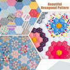 Hexagonal patterned quilt with colorful flowers and geometric shapes.