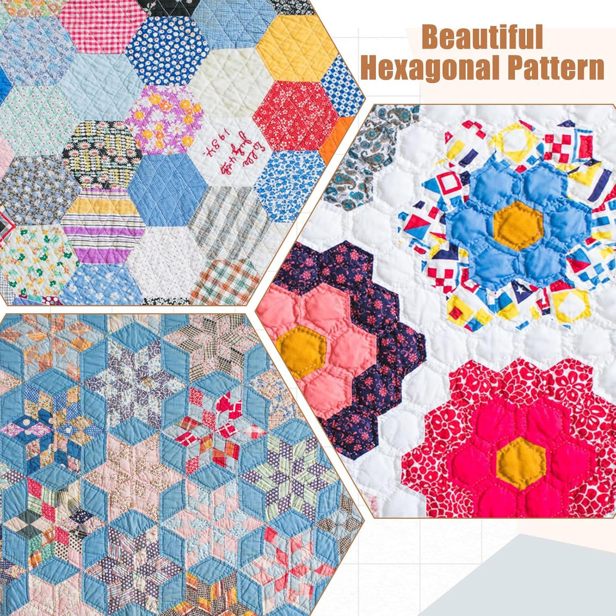 Hexagonal patterned quilt with colorful flowers and geometric shapes.