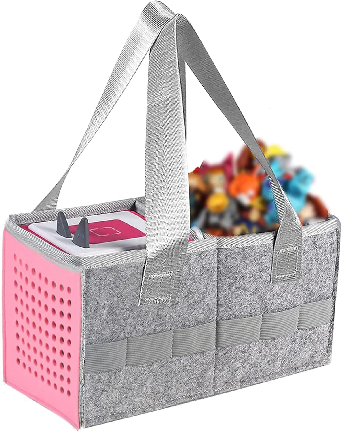 Gray and pink storage caddy with handles filled with colorful items on a white background