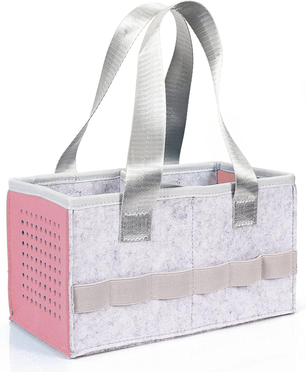 Storage caddy with pink base, gray top, and silver handles on a white background