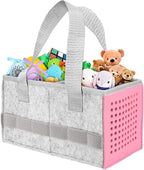 Storage caddy with toys including stuffed animals and baby items on a white background