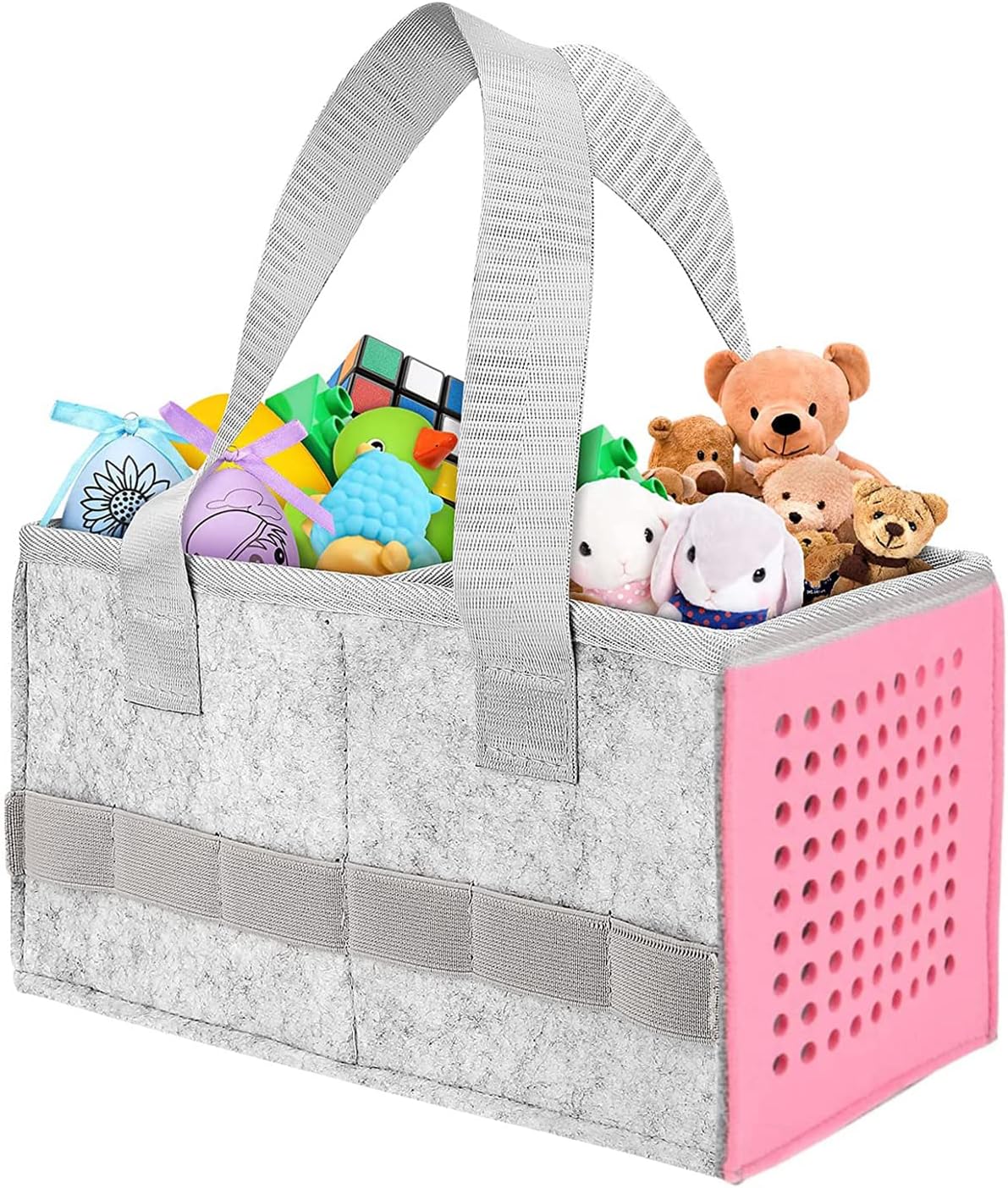 Storage caddy with toys including stuffed animals and baby items on a white background