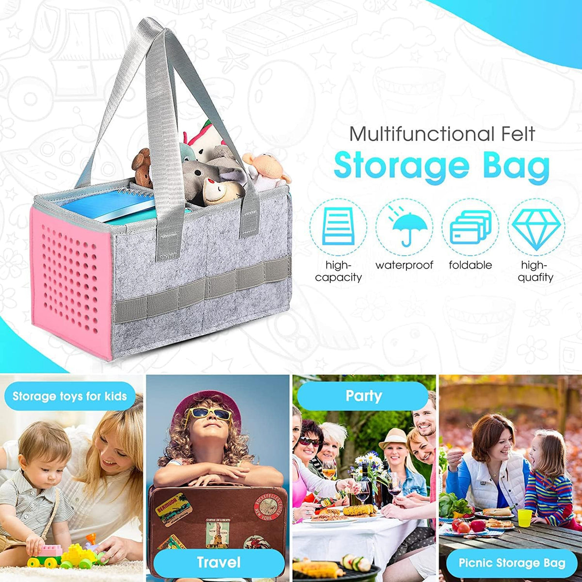 Multifunctional felt storage bag with various uses including travel, party, and picnic.