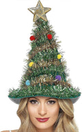 Christmas tree-themed hat with decorations on a white background