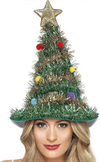 Christmas tree-themed hat with decorations on a white background