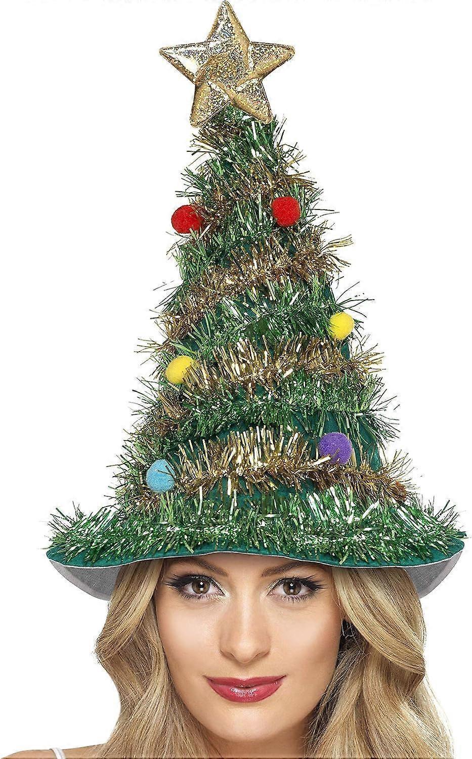 Christmas tree-themed hat with decorations on a white background