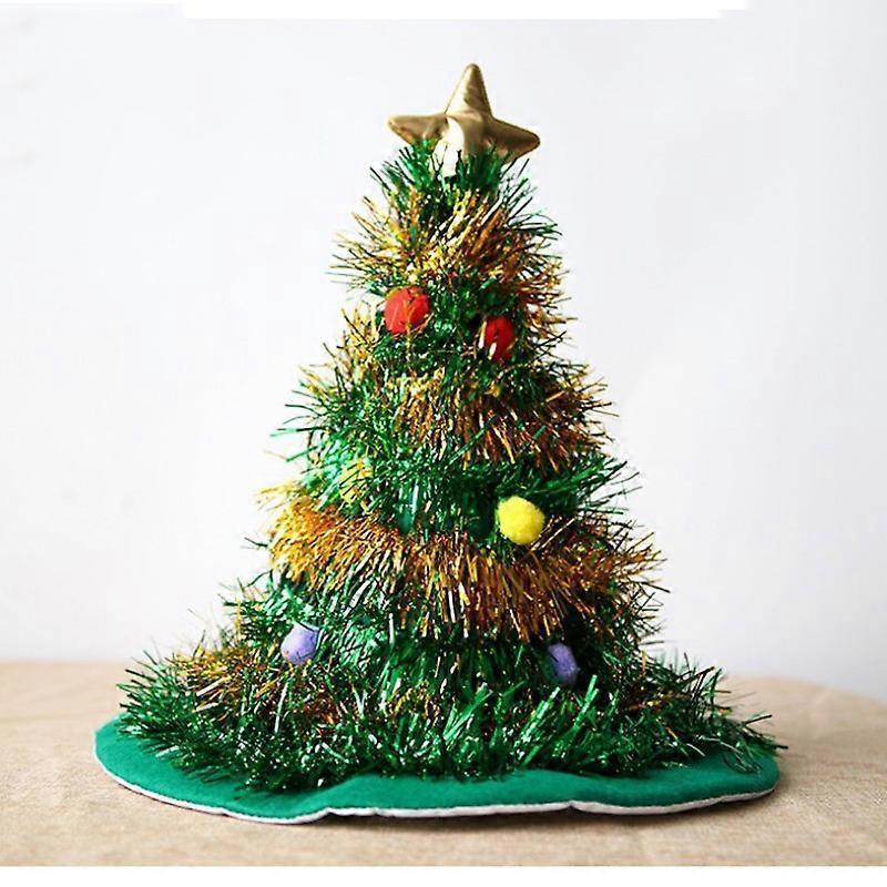 Decorative Christmas tree with tinsel, ornaments, and a star on a white background