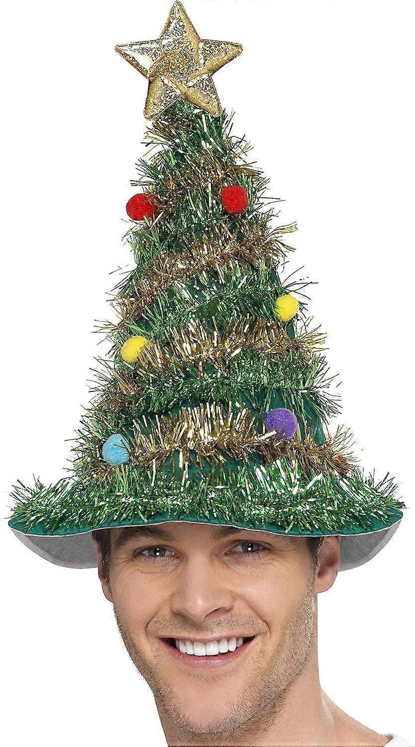 Christmas tree-themed hat with tinsel, ornaments, and a star on a white background