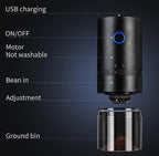 Black coffee grinder with features listed on a dark background