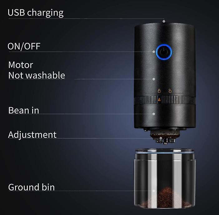 Black coffee grinder with features listed on a dark background