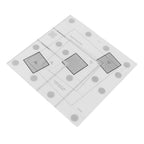 Transparent square sheet with three gray squares on a white background