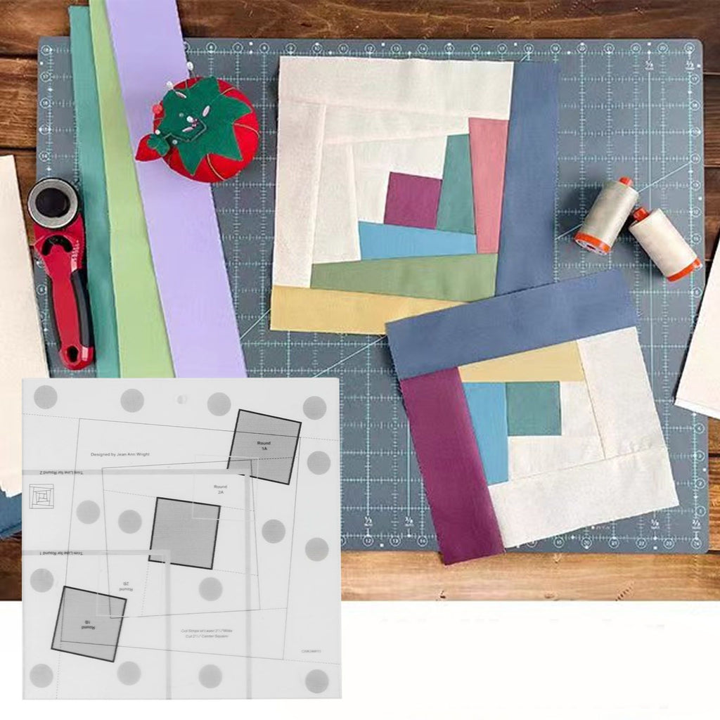 Quilting materials and tools on a cutting mat with fabric pieces and pattern paper.
