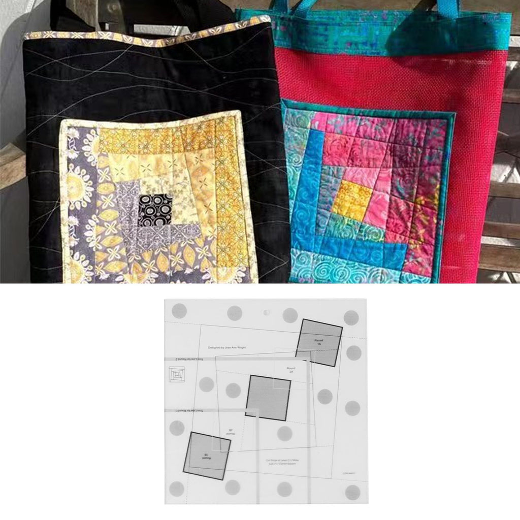 Colorful quilted bags and a pattern sheet on a white background