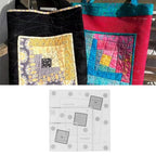 Colorful quilted bags and a pattern sheet on a white background