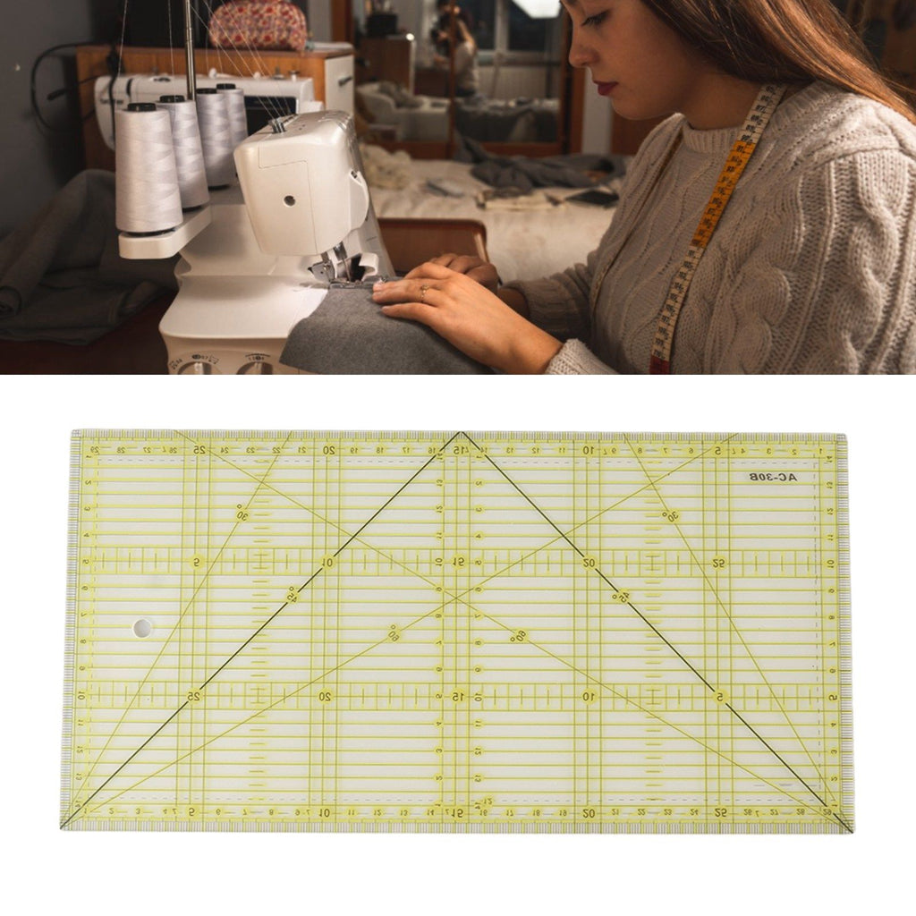 Person working on a sewing machine with a measuring tape, followed by a close-up of a grid-patterned cutting mat.