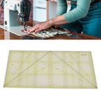 Person using a sewing machine with fabric, followed by a clear acrylic ruler on a white background.