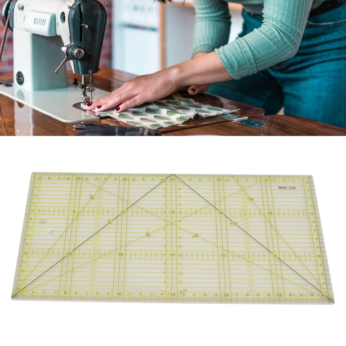 Person using a sewing machine with fabric, followed by a clear acrylic ruler on a white background.