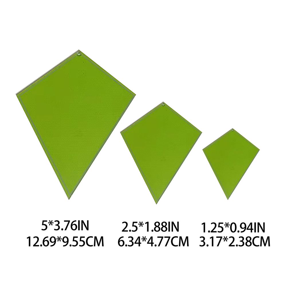 Three green square tiles of different sizes with dimensions labeled below on a white background.