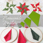 Colorful star-shaped templates and embroidered pieces on a white background with 'Periwinkle Template' text.