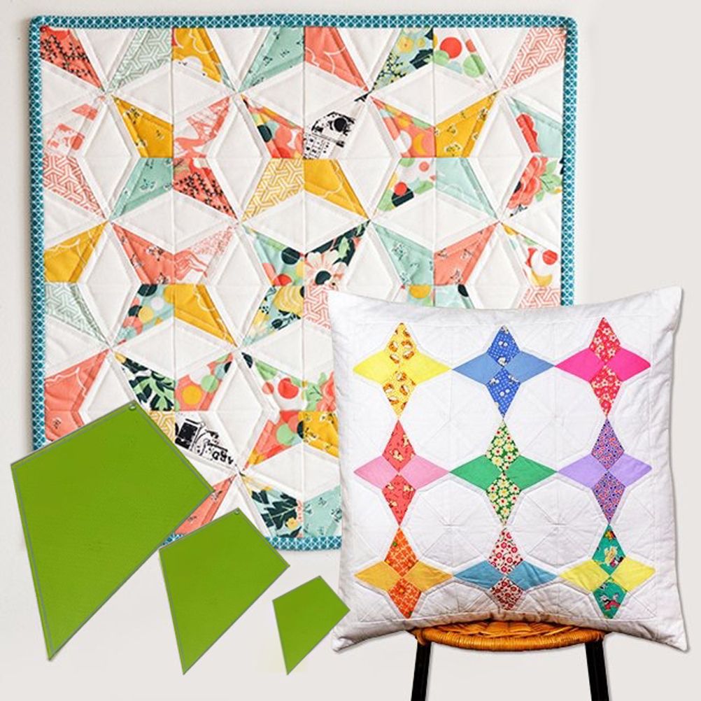 Colorful quilt and pillow with geometric patterns on a white background