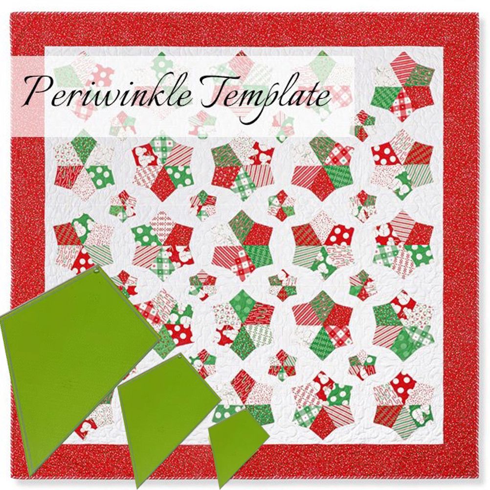 Quilt pattern with red and green blocks on a white background, featuring 'Periwinkle Template' text.