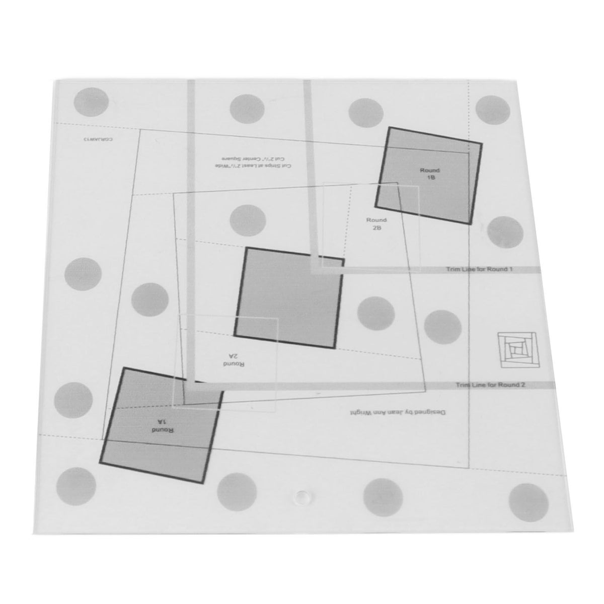 Clear acrylic square with printed patterns and measurements on a white background