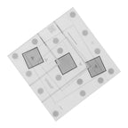 White square with gray squares and circular patterns on a white background