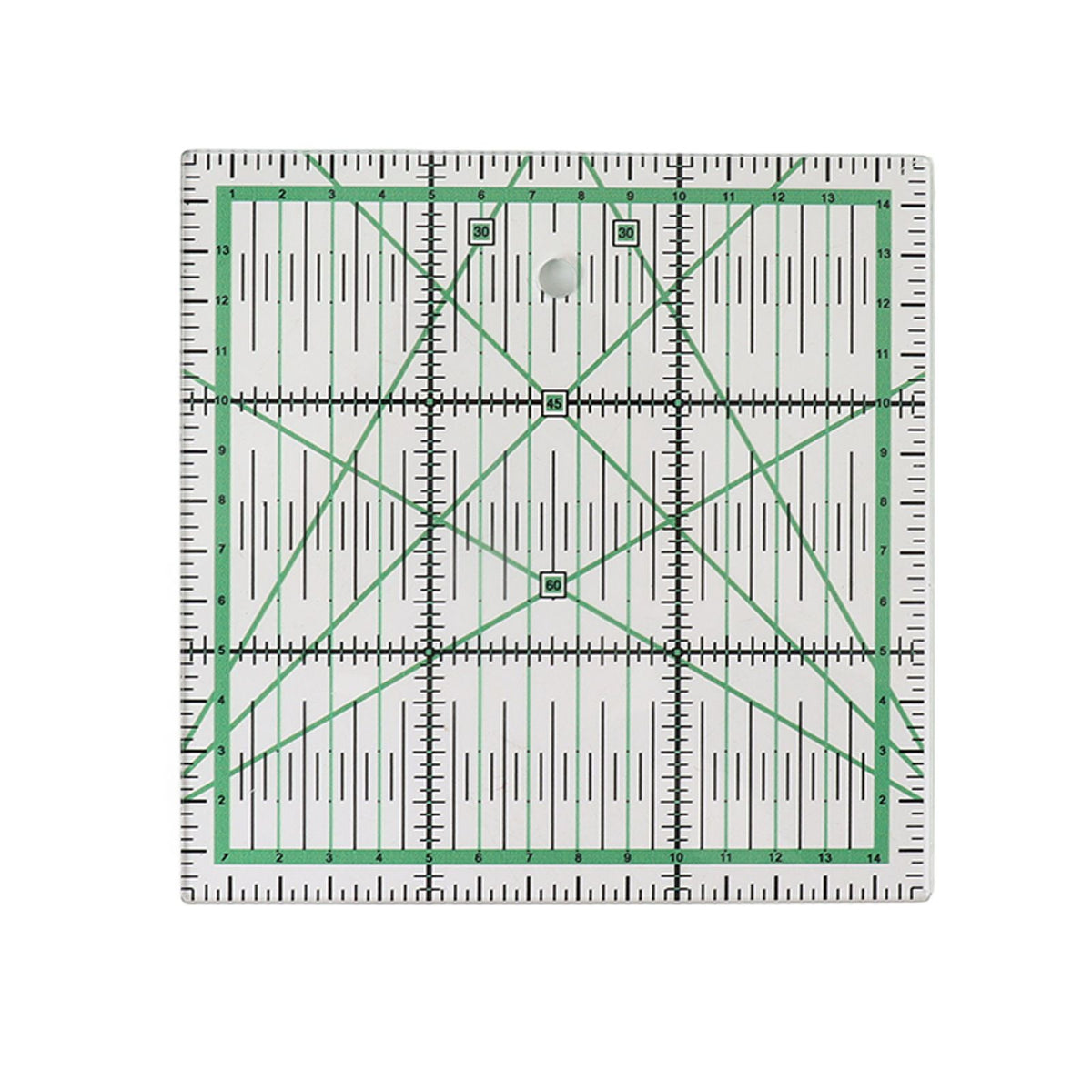 A square clear acrylic quilting ruler with green grid lines, black measurement markings, and diagonal crosshairs on a white background.