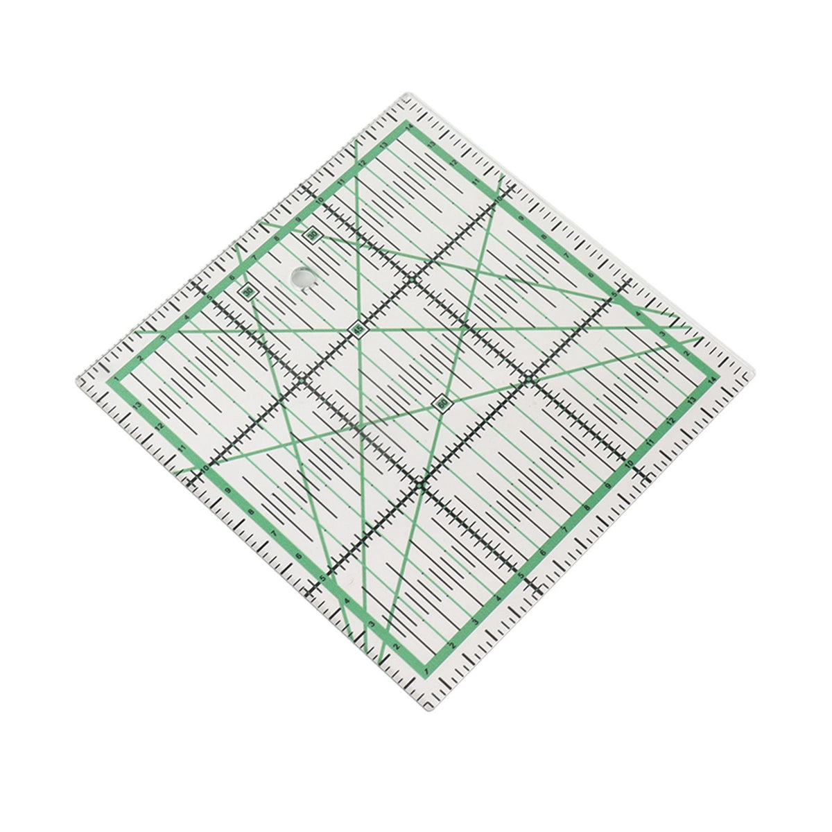 A clear acrylic quilting ruler with green and black measurement markings, shown rotated on a plain white background.