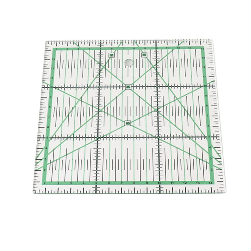 A square clear acrylic quilting ruler with green grid lines, measurement markings, and diagonal guide lines, shown on a plain white background.