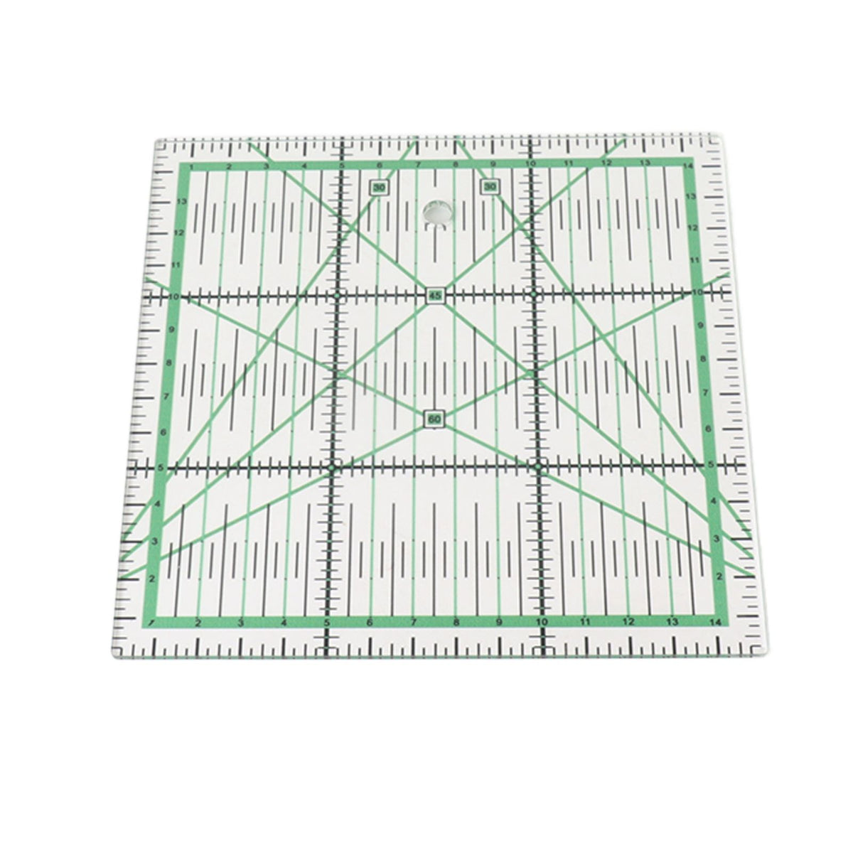 A square clear acrylic quilting ruler with green grid lines, measurement markings, and diagonal guide lines, shown on a plain white background.