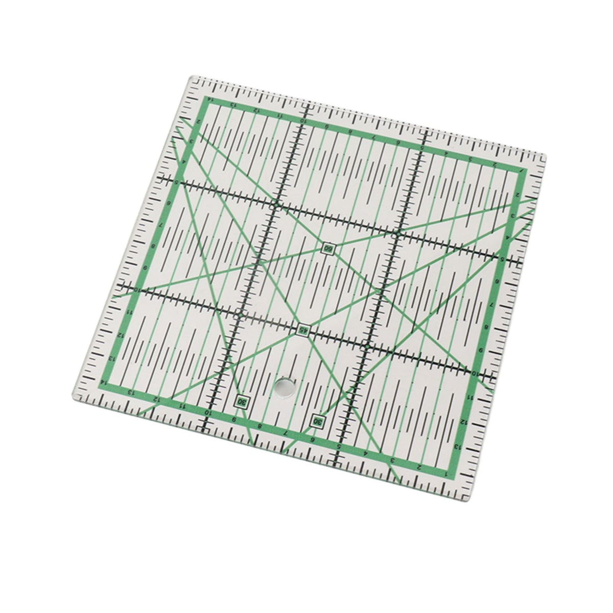 A clear acrylic quilting ruler with green grid lines, black measurement markings, and a small circular hole near the center, shown on a plain white background.