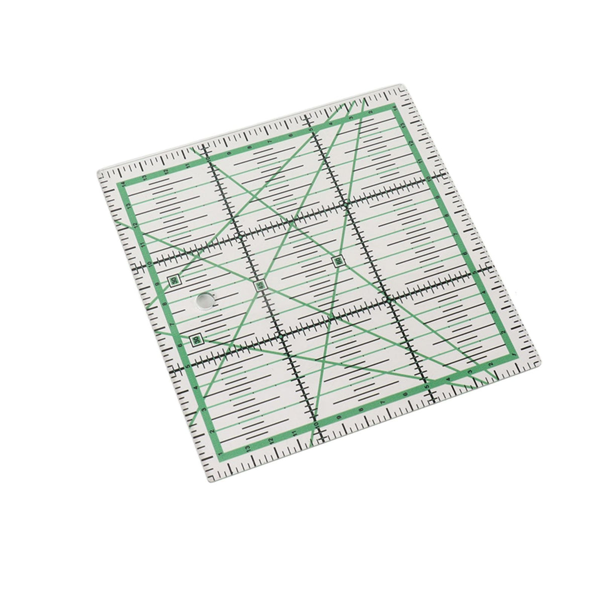 A square quilting ruler with green grid lines and black measurement markings, shown at an angle on a plain white background.