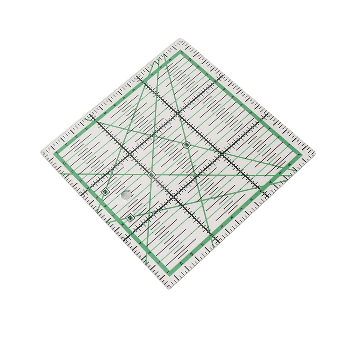 A clear acrylic square quilting ruler with green grid lines and black measurement markings, shown on a plain white background.

