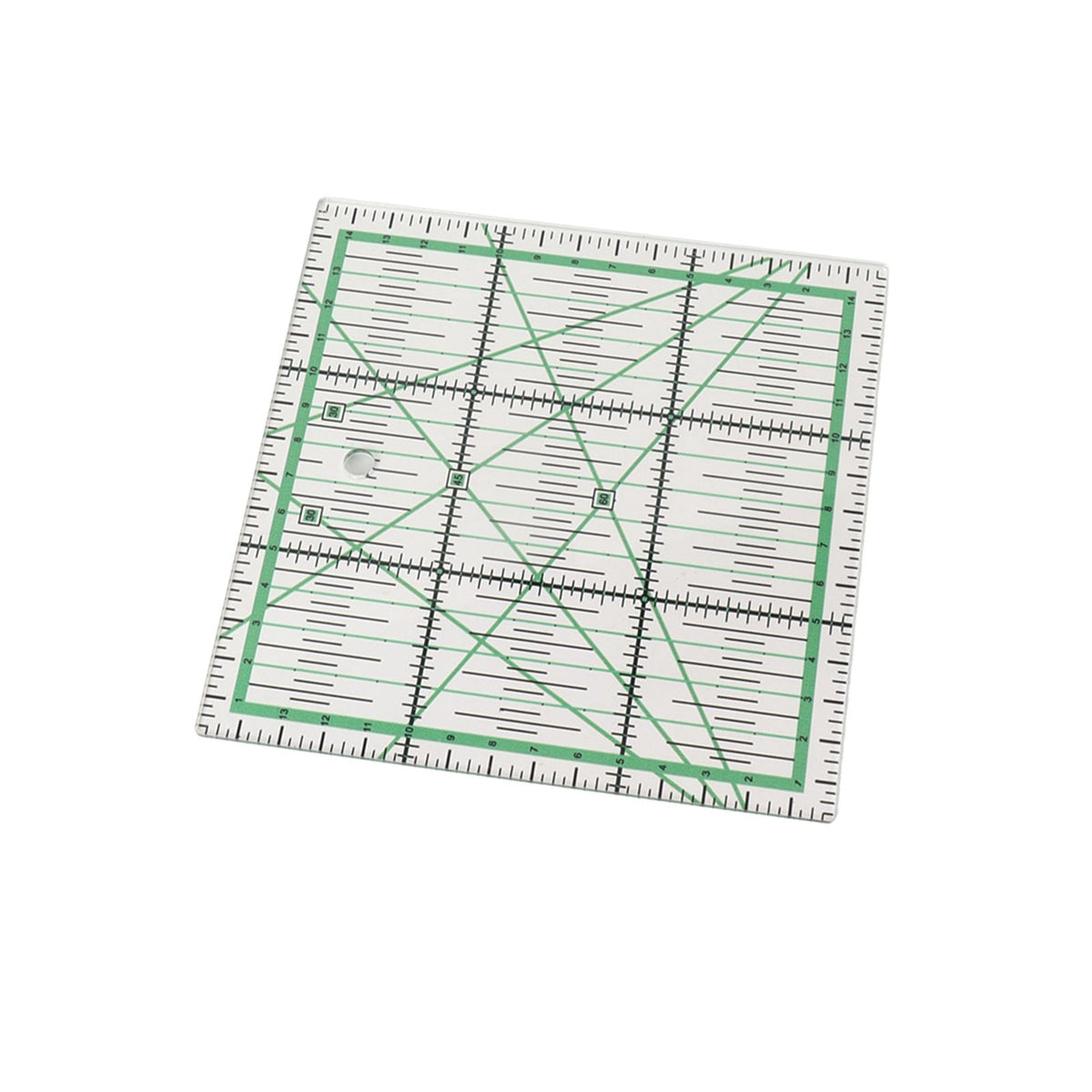 A clear acrylic quilting ruler with green grid lines and black measurement markings, shown at an angle on a plain white background.